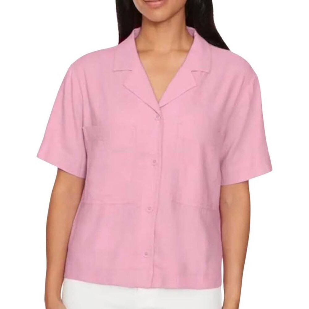 Buffalo Women's Fidji Pink Linen Blend Short Sleeve Button Down Short Sleeve Top